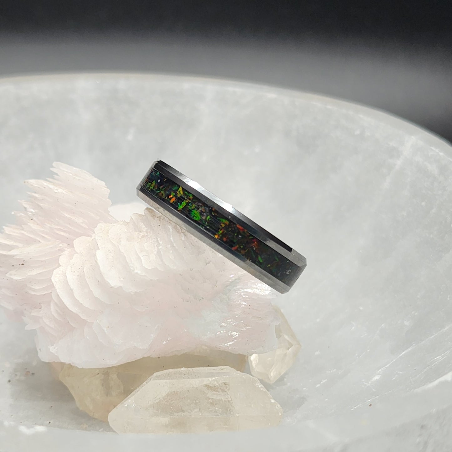Tungsten Carbide Memorial Ring with black opal 8 and ashes