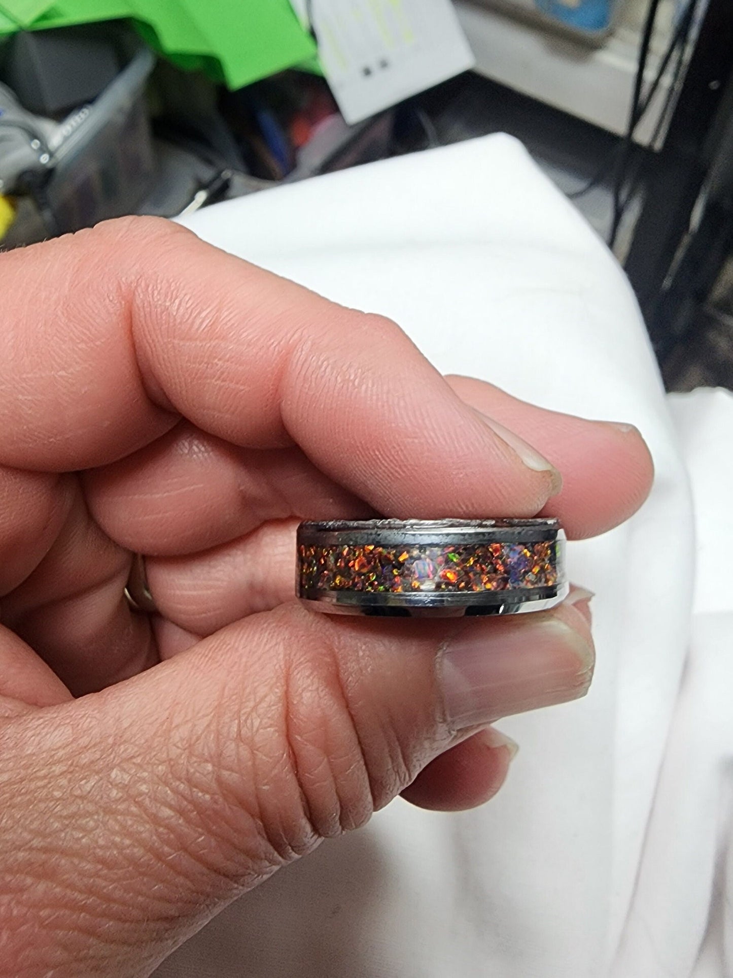 Tungsten Carbide Memorial Ring with black gold opal and ashes