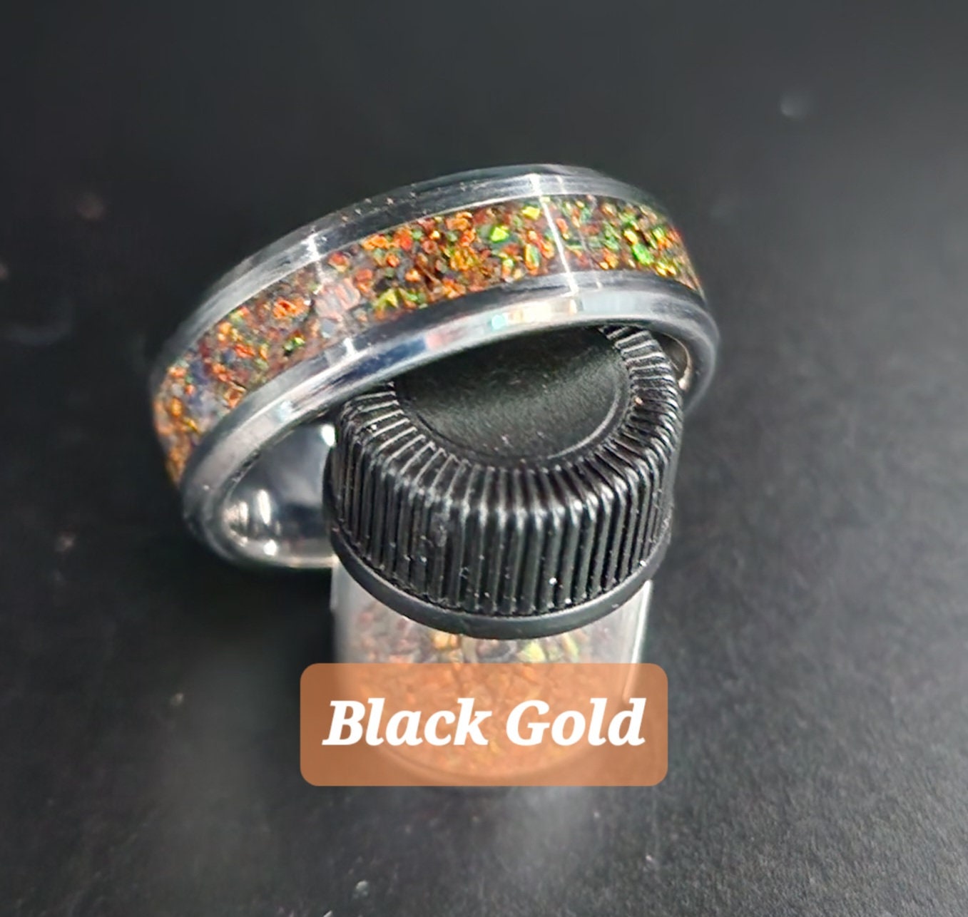 Tungsten Carbide Memorial Ring with black gold opal and ashes