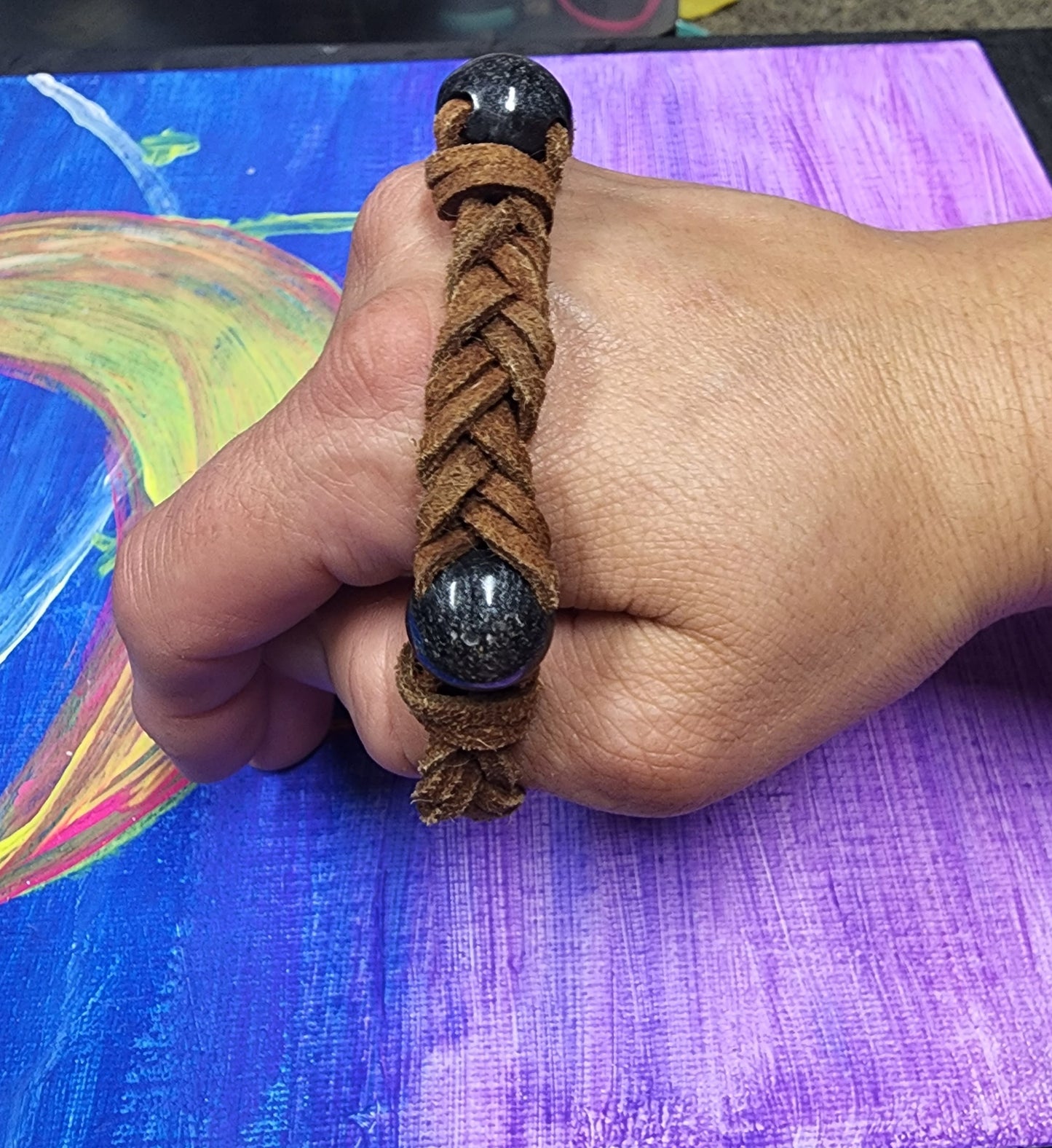 Cremation bead and leather braided bracelet