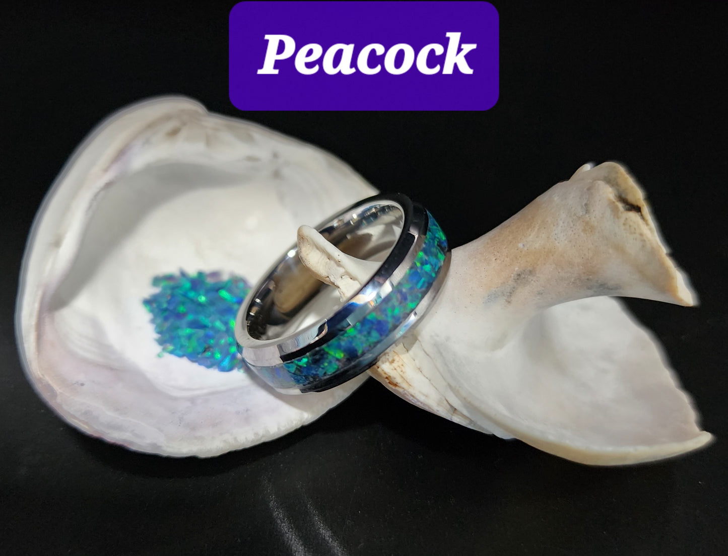 Tungsten Carbide Memorial Ring with peacock opal and ashes