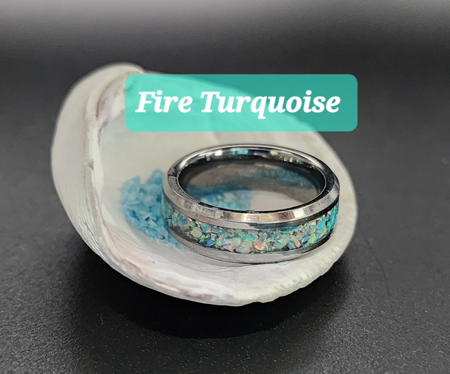 Tungsten Carbide Memorial Ring with fire turquoise opal and ashes