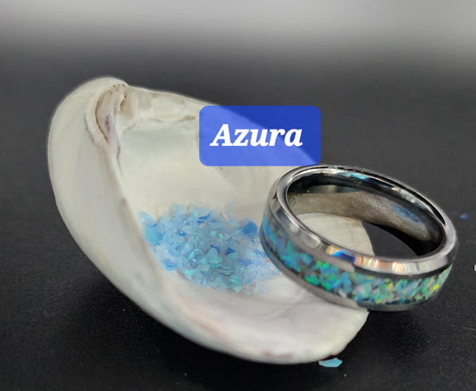 silver tungsten ring with ice blue Azura Opal inlay and ashes.