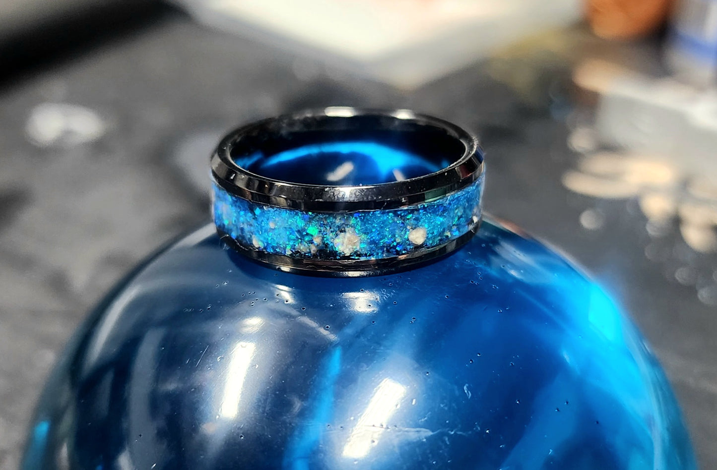 Tungsten Carbide Memorial Ring with blue lagoon opal and ashes