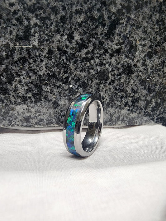 Tungsten Carbide Memorial Ring with Ocean Green Opal and ashes