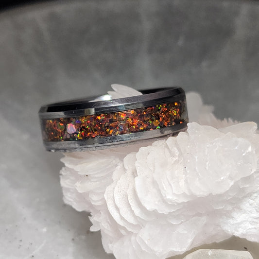 Tungsten Carbide Memorial Ring with black gold opal and ashes