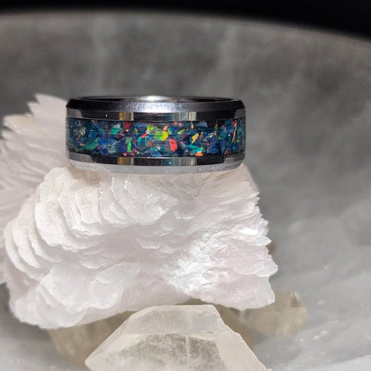 Tungsten Carbide Memorial Ring with space blue opal and ashes