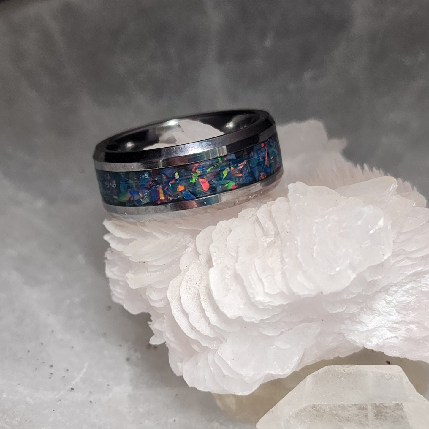 Tungsten Carbide Memorial Ring with space blue opal and ashes