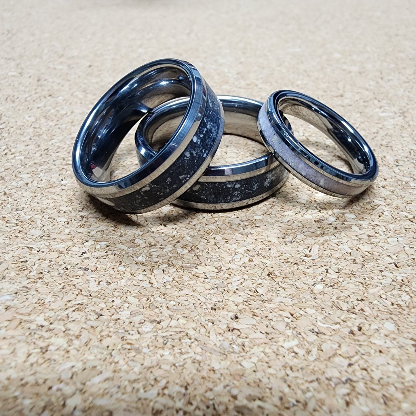 Tungsten Carbide Memorial Ring with black opal 8 and ashes