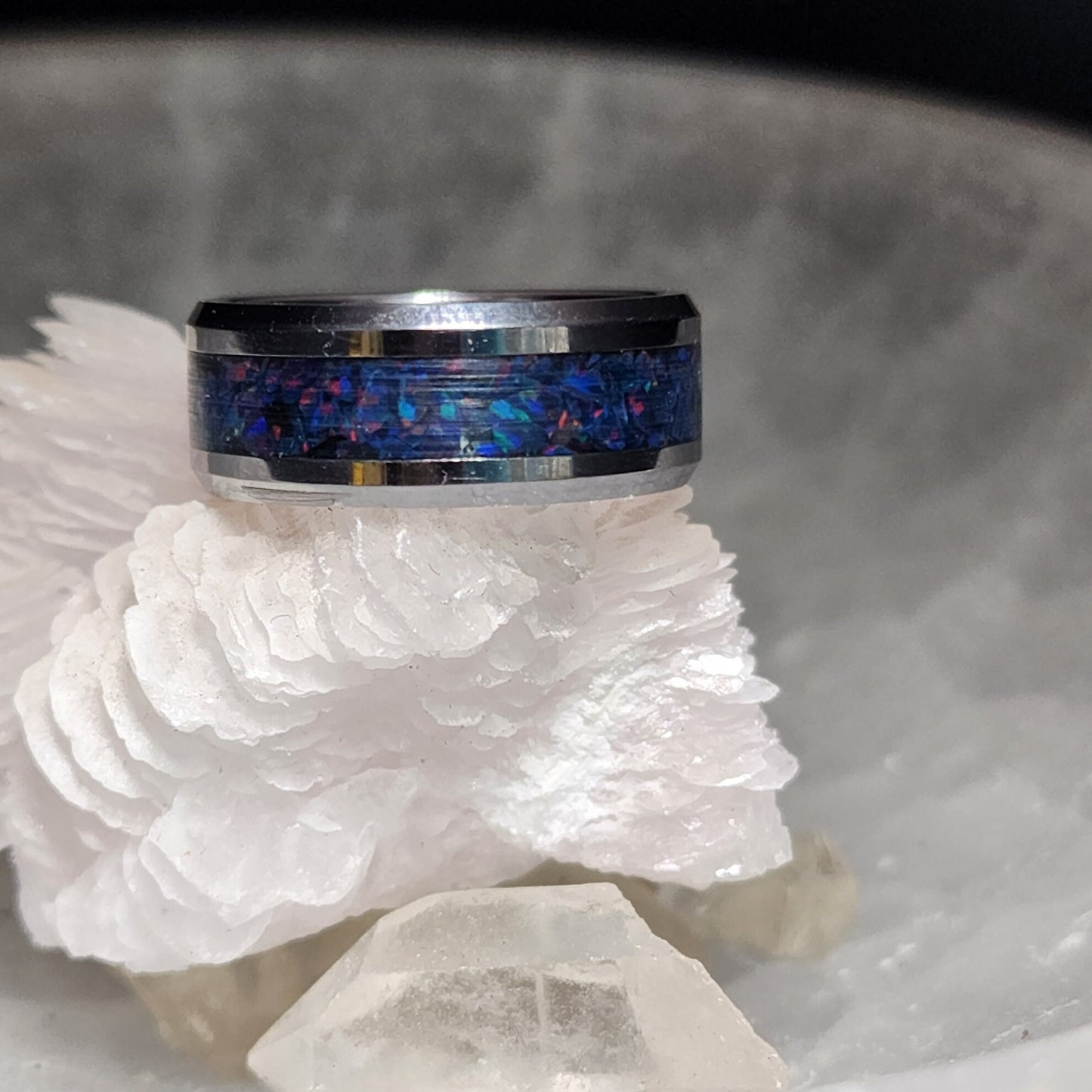 Tungsten Carbide Memorial Ring with night indigo blue opal and ashes