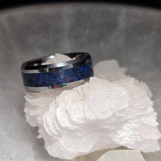 Tungsten Carbide Memorial Ring with night indigo blue opal and ashes