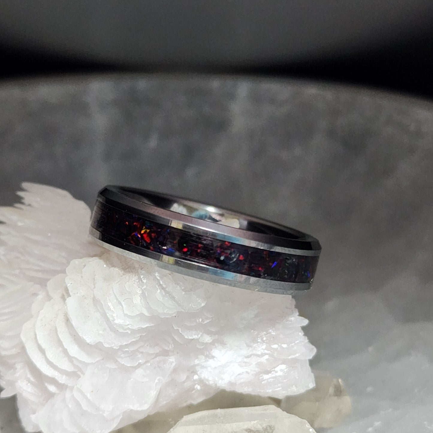 Tungsten Carbide Memorial Ring with black opal and ashes