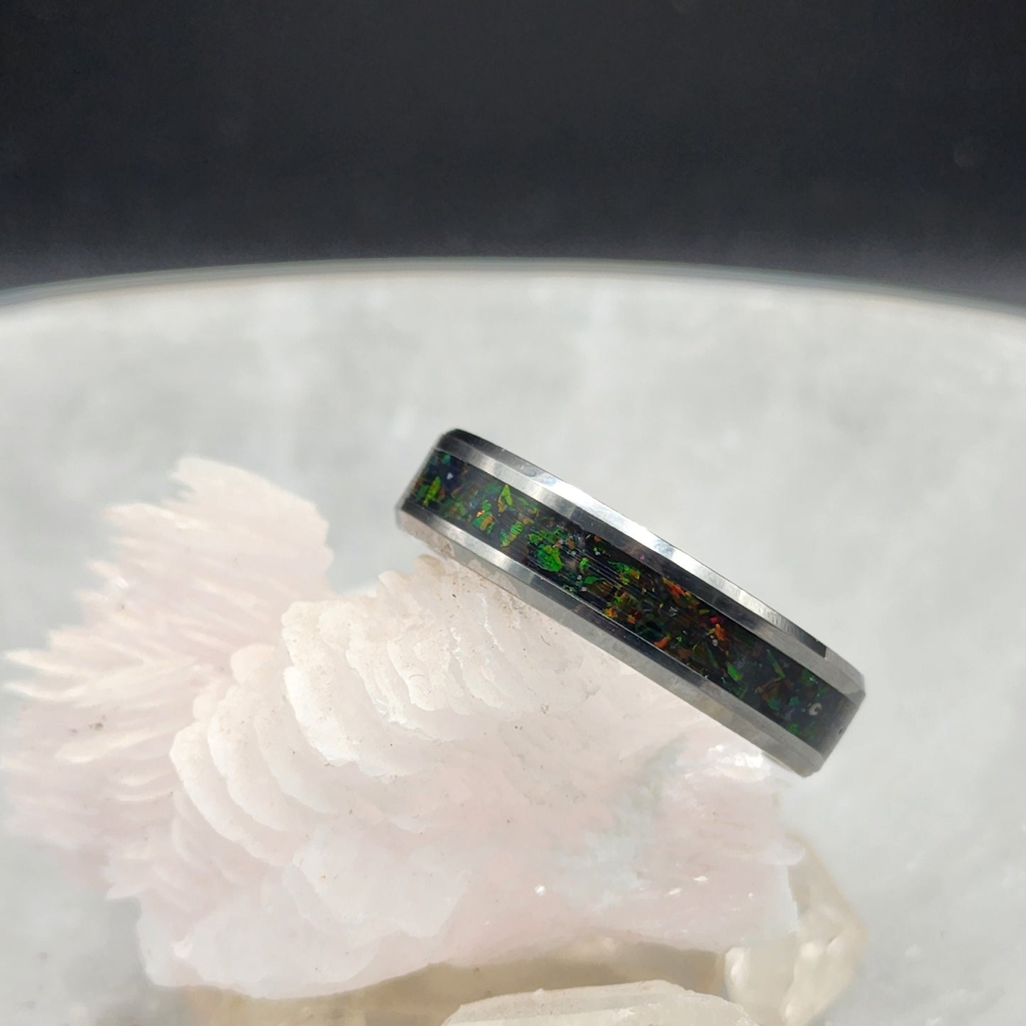 Tungsten Carbide Memorial Ring with black opal 8 and ashes